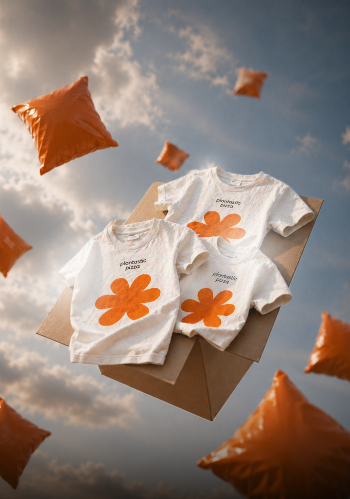 Three white “Plontastic Pizza” t-shirts with bold orange flower graphics float above an open cardboard box against a cloudy sky, surrounded by suspended orange cushions in a surreal, dreamy scene.