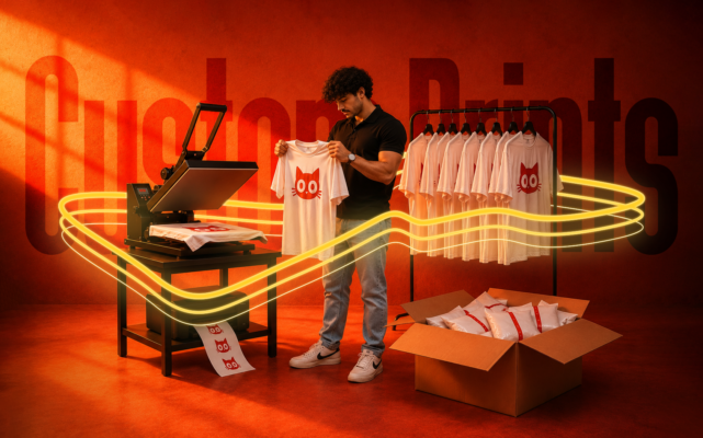 A man inspecting a custom printed white t-shirt with a cat design, standing between a heat press machine and a clothing rack filled with matching printed t-shirts, with packaged orders in a box nearby, against a warm red studio background.
