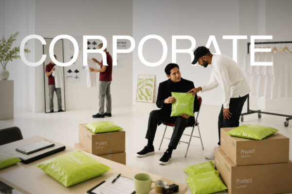 Corporate apparel team reviewing branded T-shirt packaging in a modern studio workspace.