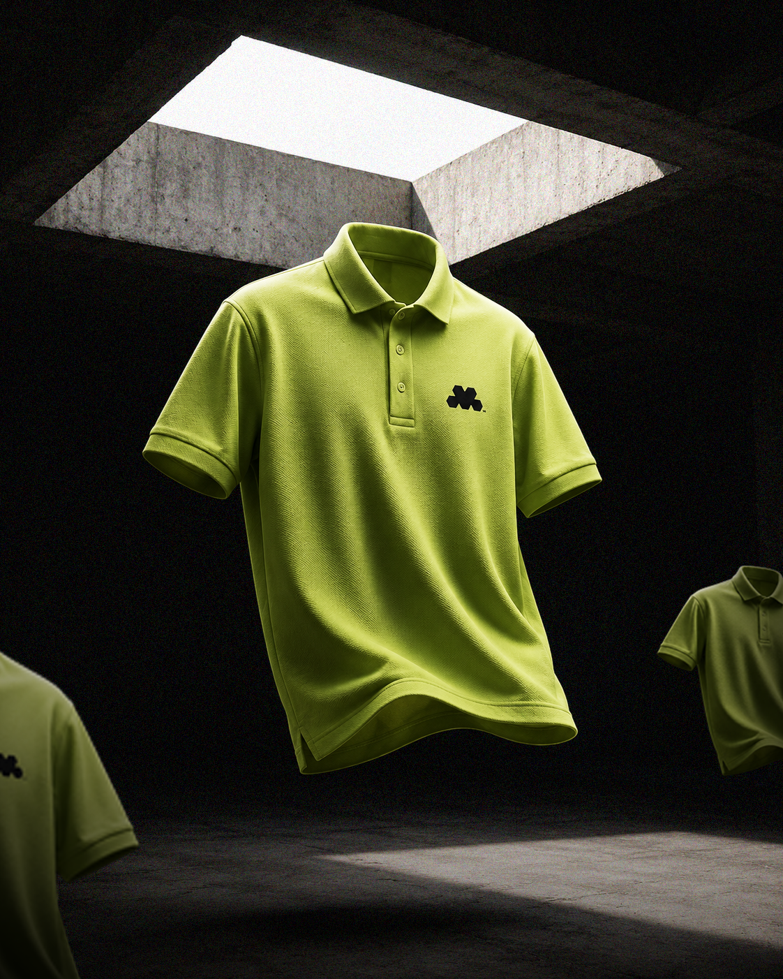 Dark Lime Green branded corporate polo t-shirt floating in dramatic studio lighting.