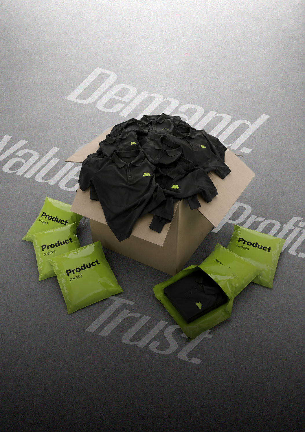 Black corporate polo T-shirts with branded packaging in a modern industrial studio setup