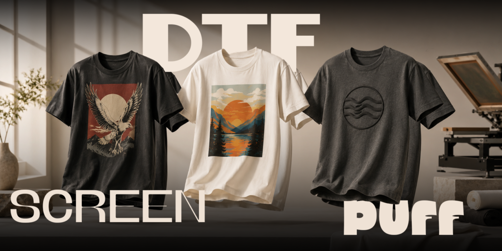 DTF, PUF And SCREEN PRINT T-Shirts
In a Swiss-style interior, T-shirt Manufacturing Area.