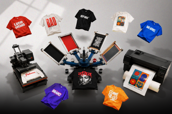 DTF, screen print, and puff print machines surrounded by floating bulk graphic t-shirts in a studio setup.