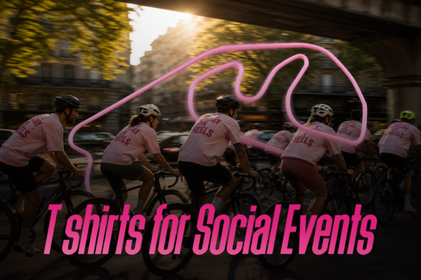 A group of cyclists riding together through a city street at golden hour, all wearing matching pink t-shirts that read "Friday on Heels" on the back, with a flowing pink ribbon graphic overlaid across the image and bold pink text at the bottom reading "T shirts for Social Events."