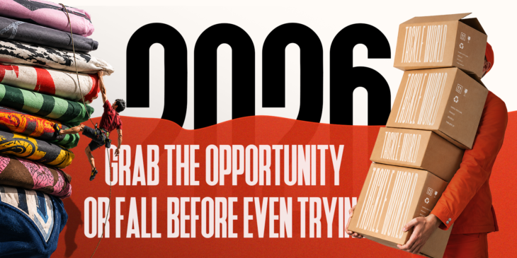 Climber scaling a pile of T-shirts beside a person buried in boxes — 2026 blog banner about seizing business opportunity.