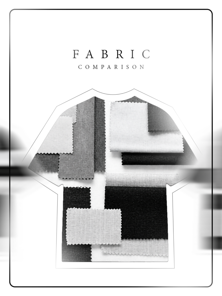 T-shirt shaped display featuring multiple fabric swatches, comparing different T-Shirt Fabric types based on texture, weave, quality, and material characteristics.