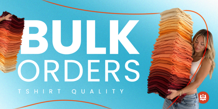 Bulk T-shirt quality in bulk orders showing stacked folded t-shirts in gradient colours