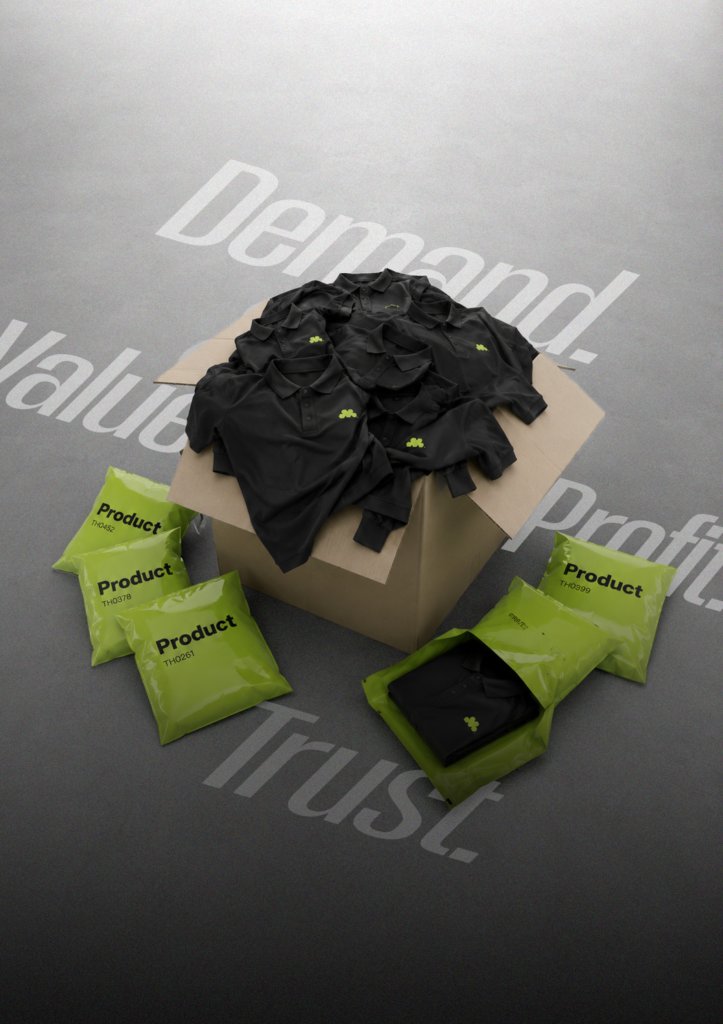Bulk t-shirt manufacturing and packaging services for a New T-Shirt Brand, featuring custom apparel ready for delivery and retail distribution.